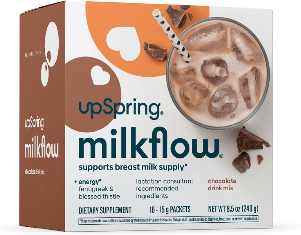 UpSpring Milkflow Energy Dojčenie Supplement Drink Mix s senovka grécka, Čokoládová chuť, Laktačné doplnky na podporu materského mlieka a vitamíny B, 16 Nápojové zmesi