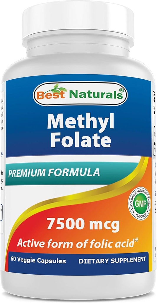 Najlepšie Naturals Metyl folate 7500 mcg (7,5 mg) (Most Bio-Dostupné) Veggie Capsule - podporuje tvorbu buniek rast funkcie, mozog, pamäť, kardiovaskulárne zdravie, 60 Počet