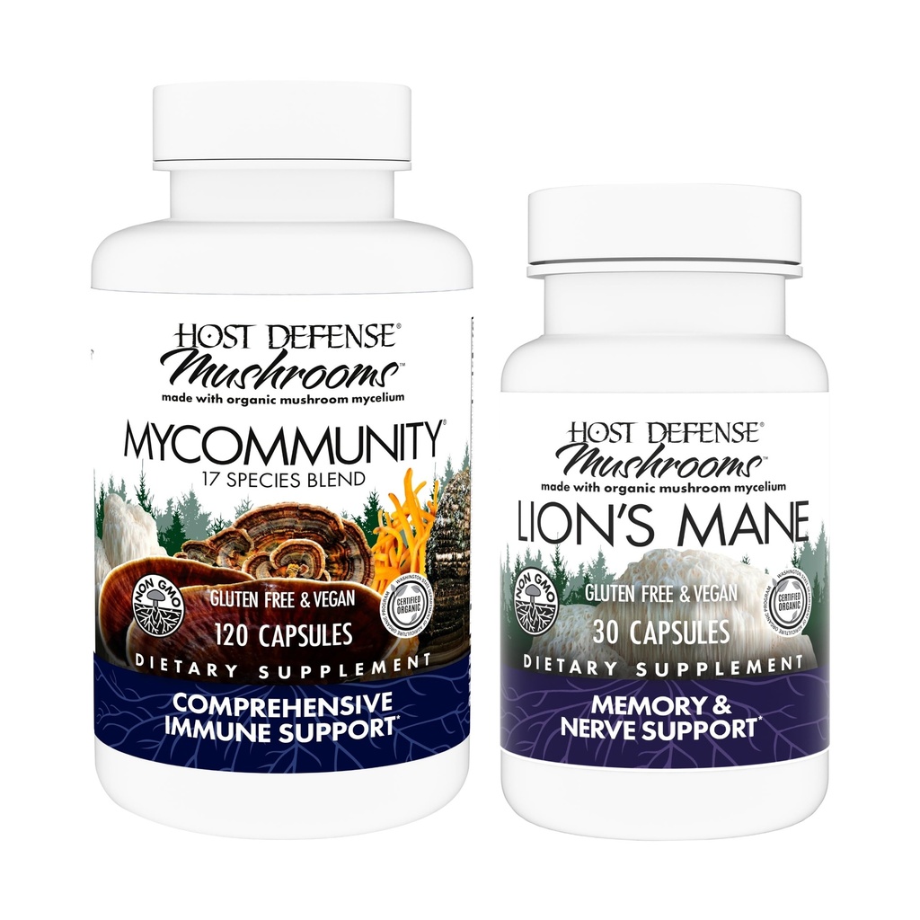 Host Defense My Community Capsules, 120 Gróf & Lion's Mane Capsules, 30 Gróf - Podpora Immune Health with 17 Species Mushroom Blend - Support Brain Health, Memory & Focus*