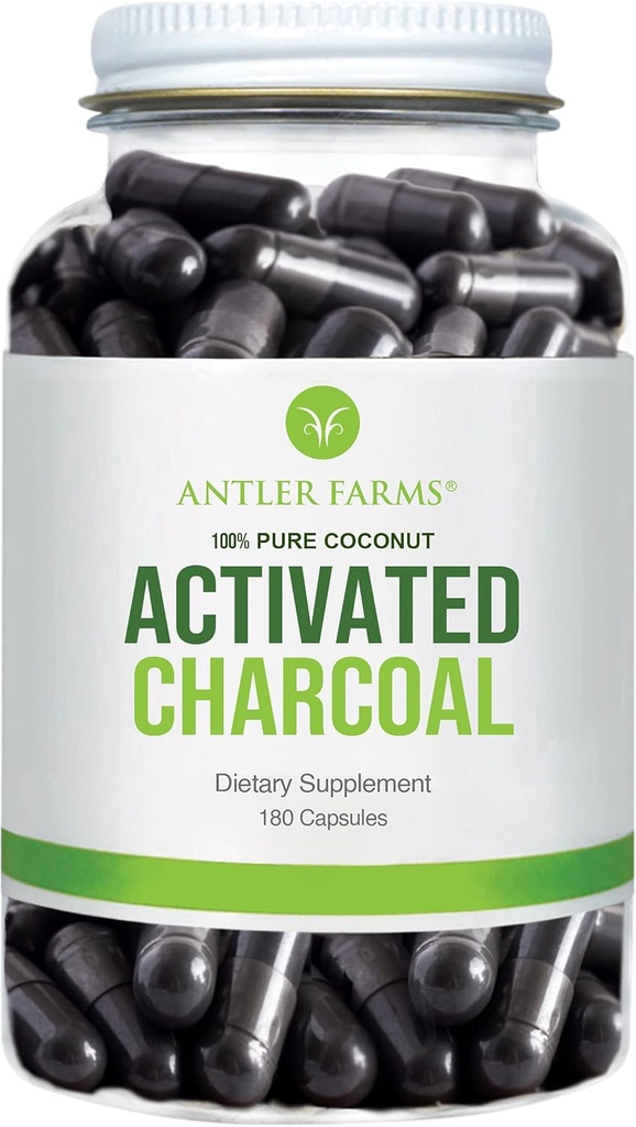 Antler Farmy - 100% Pure Coconut Activated Charcoal, 180 Kapsule 260mg - Wild Harvested, Virgin Coconut Shell, USP Food Grade, Parou aktivovaná, Ultra Fine