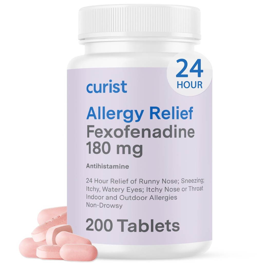 Kurista Fexofenadín Hydrochlorid 180 mg (200 tabliet) Non Drowsy Alergy Medication - 24 hodín Allergy Relief for Runny Nose, Svrbiace oči, & Hrdlo - Alergy Relief Tablets (200 počet)