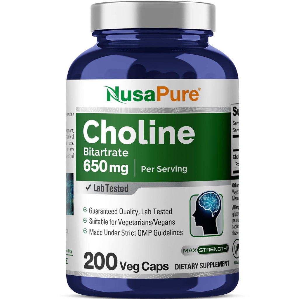 NusaPure Choline Bitartrate 650 mg 200 Veggie Capsules (Vegetariáni, Non-GMO, Vegan)