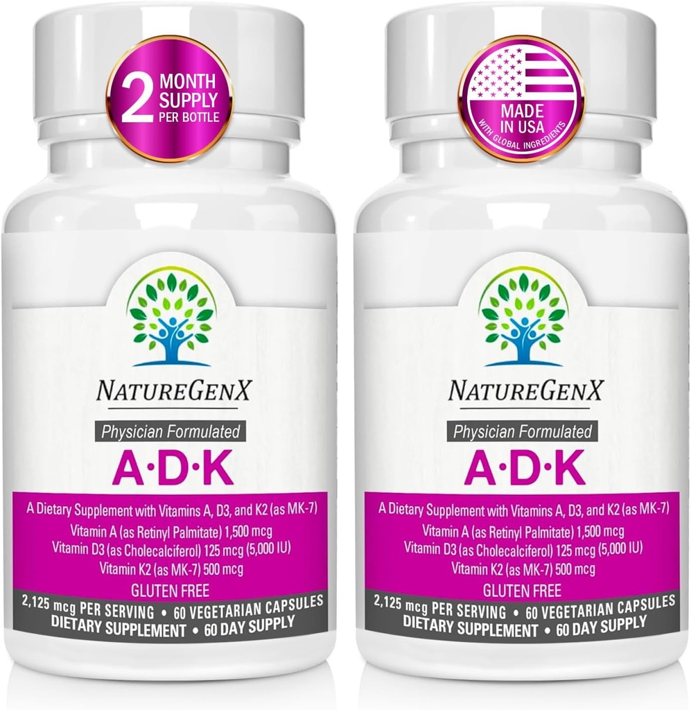 ADK vitamín Supplement - Enhanced Bone Health with High Potency Vitamíny A, D3, K2, Gluten-Free, 60 kapsúl (Pack of 2)