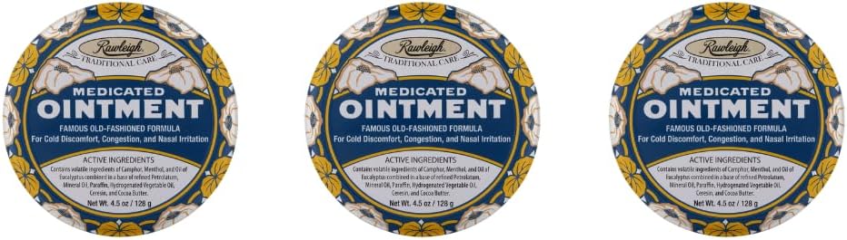 Rawleigh medikovaná masť: 4.5 oz Blue Tin, Topická hruď Rub pre studené, nosové kongescie, menšie bolesti a bolesti, s gáforom, Menthol & Eucalyptus, non-Greasy Formula - balenie 3
