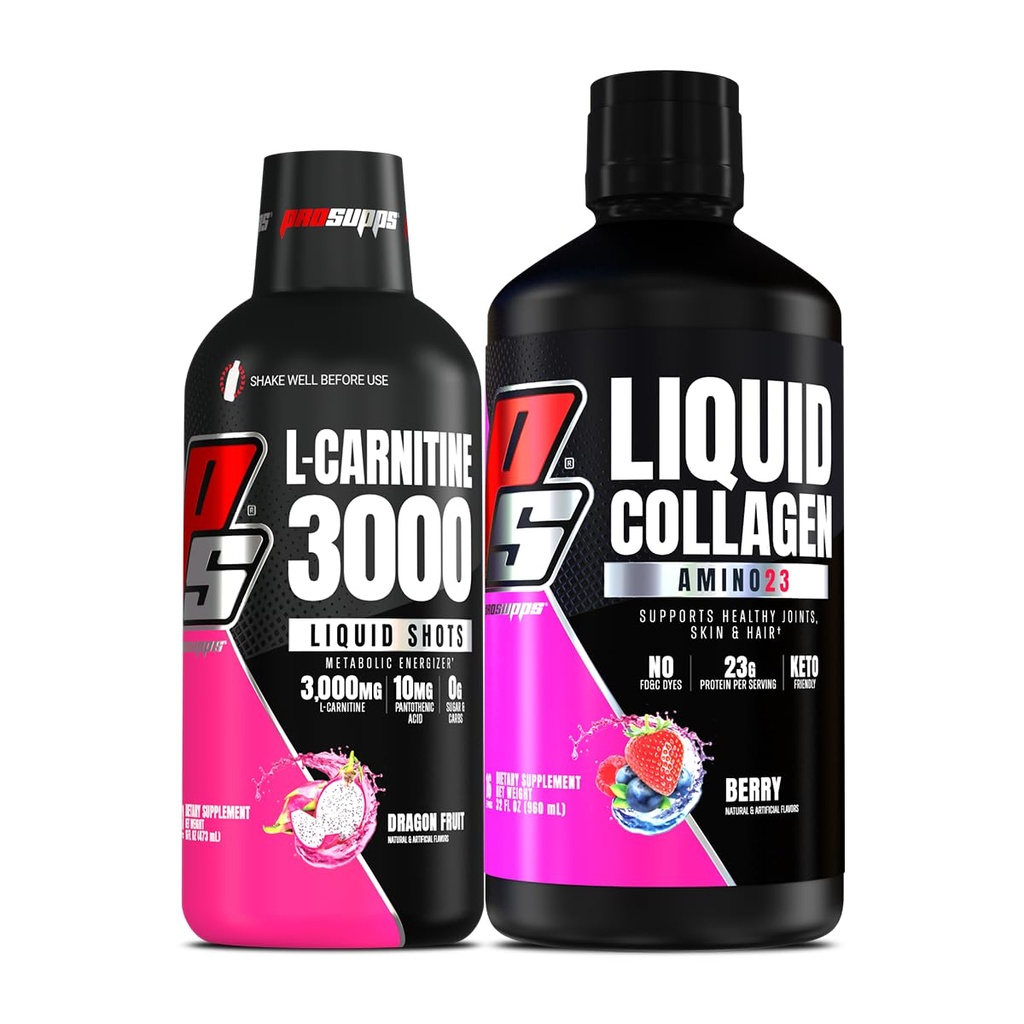 PROSUPPS L-karnitín 3000 Stimulant Voľné kvapalné Shoty (dragon Fruit) Amino23 Liquid Collagen Shots (Berry) Bundle