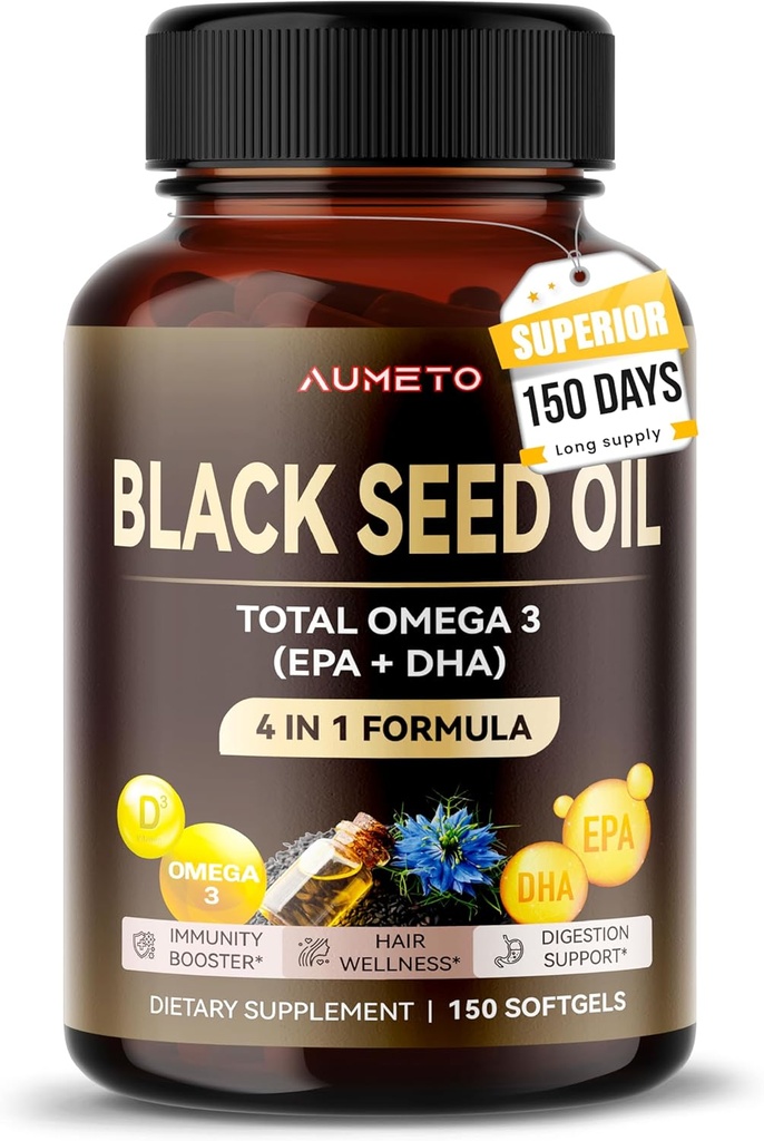 Organické Black Seed Oil - 150 Softgel - 100% Cold Pressed Zdroj Omega 3 (EPA + DPA) - Koža, vlasy, Immune Support (150 Počet (Pack of 1))