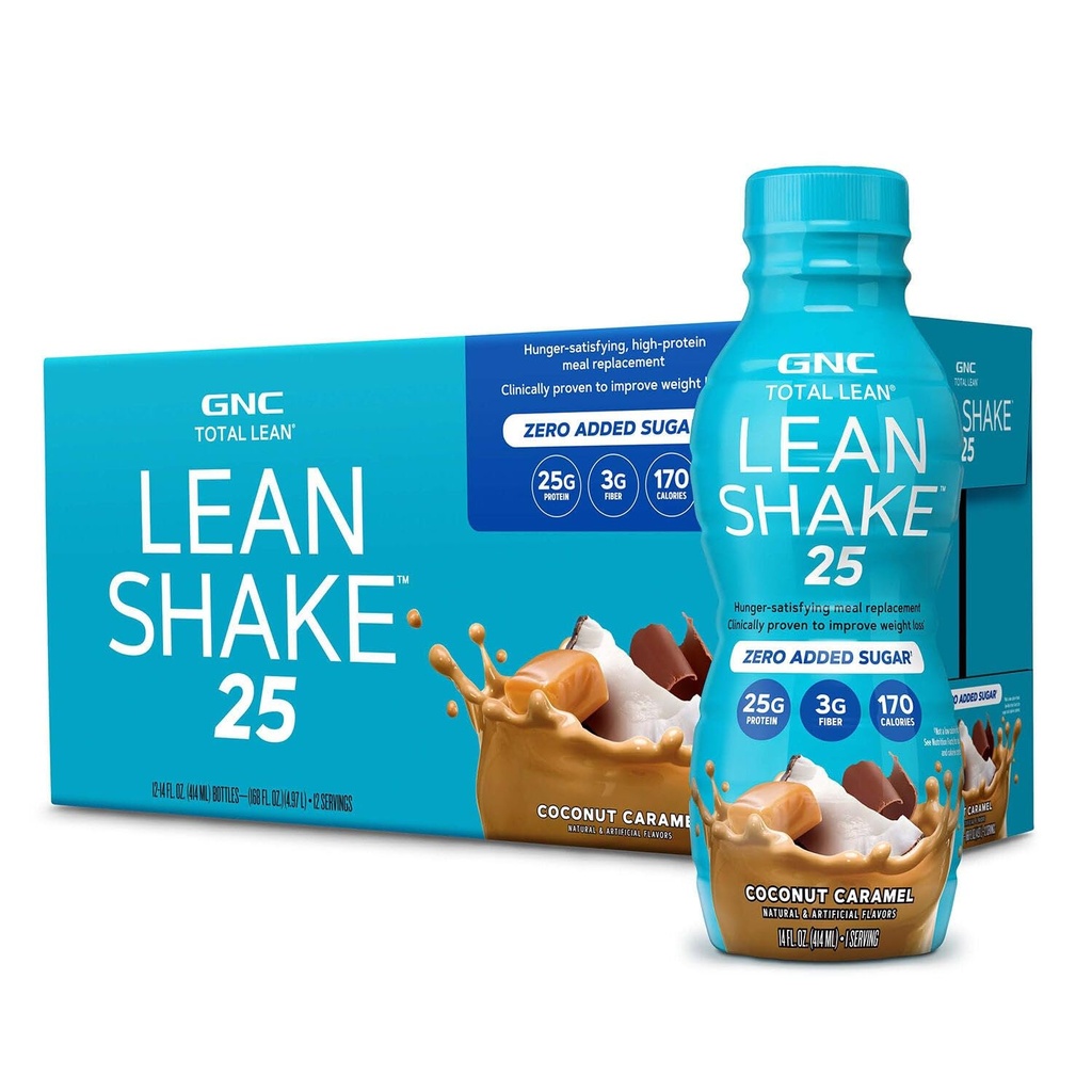 GNC Lean Shake 25 Protein Shake, Klinicky dokázaný manažment hmotnosti, Nahradenie jedla, 25 g Proteín s nulovým prídavkom cukru, Pripravený na pitie, Kokosový karamel, Balenie 12 kusov
