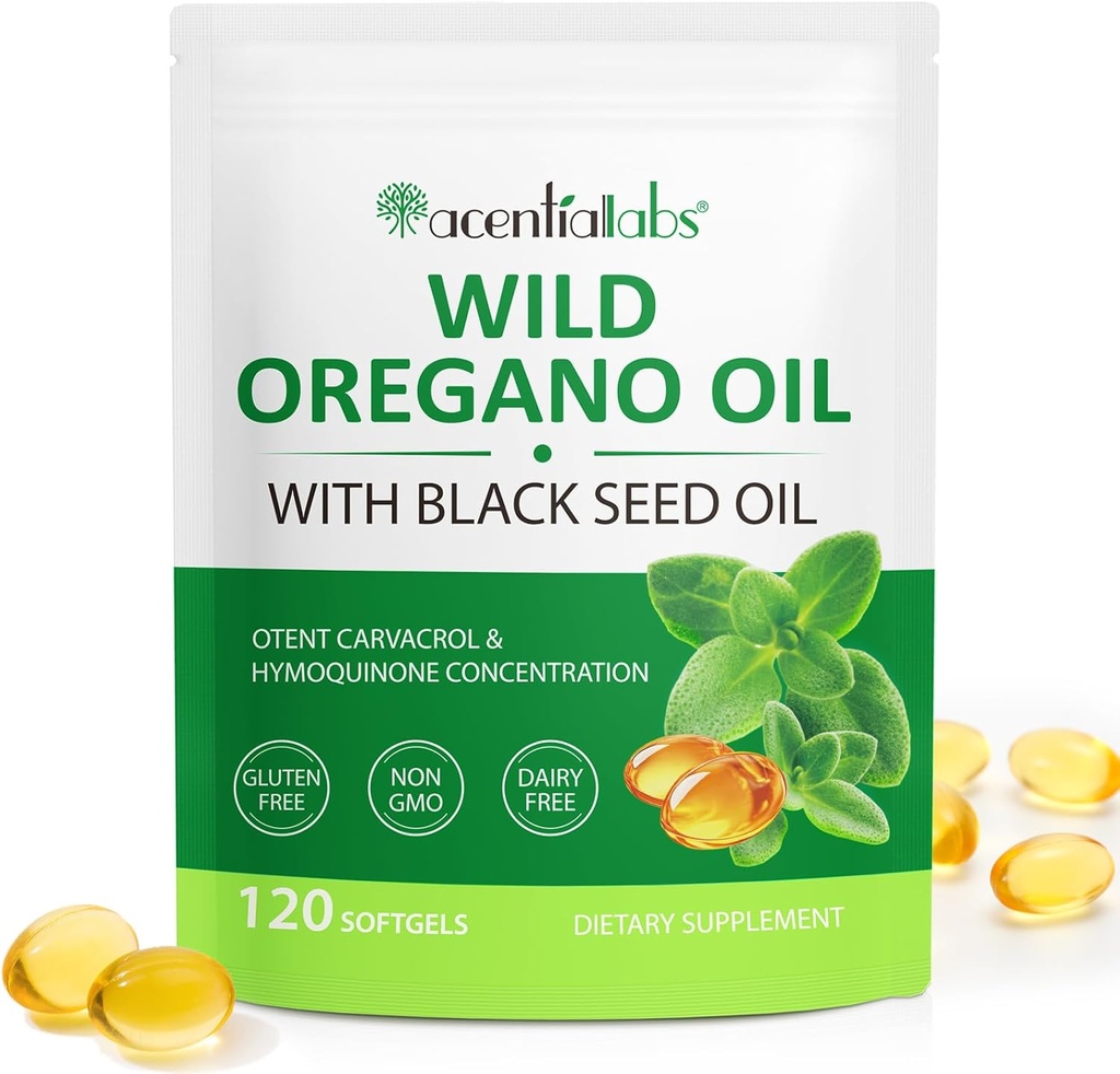 Olej Oregano Softgels, 120 Gróf Oregano Oil Supplement Kapsule, 2 in 1 6000mg Oregano olej s čiernym semenom olej 200mg, Organic Oregano Oil Extract, non-GMO, Gluten Free