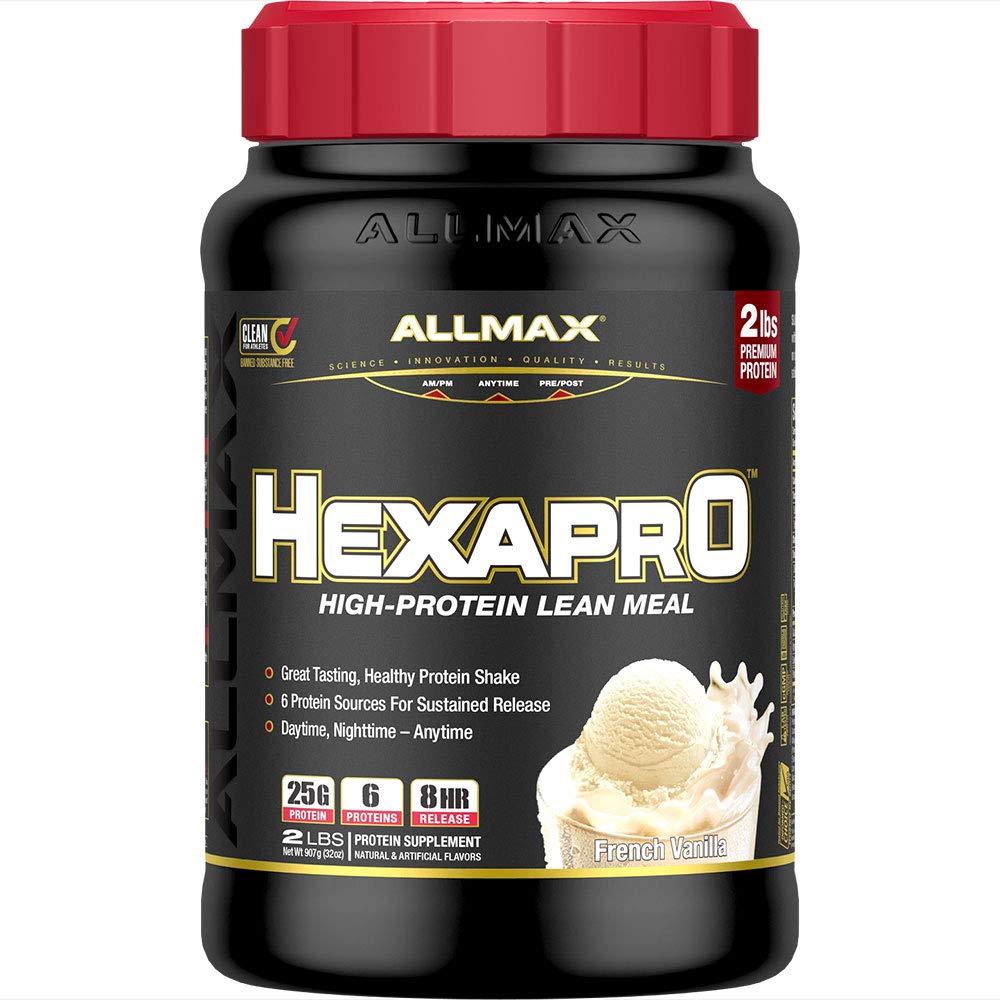 ALMMAX HEXAPRO, francúzska vanilka - 2 lb - 25 gramov proteínu na jedno použitie - 8-hodinové trvalé uvoľnenie - nula cukru - 21 dávok