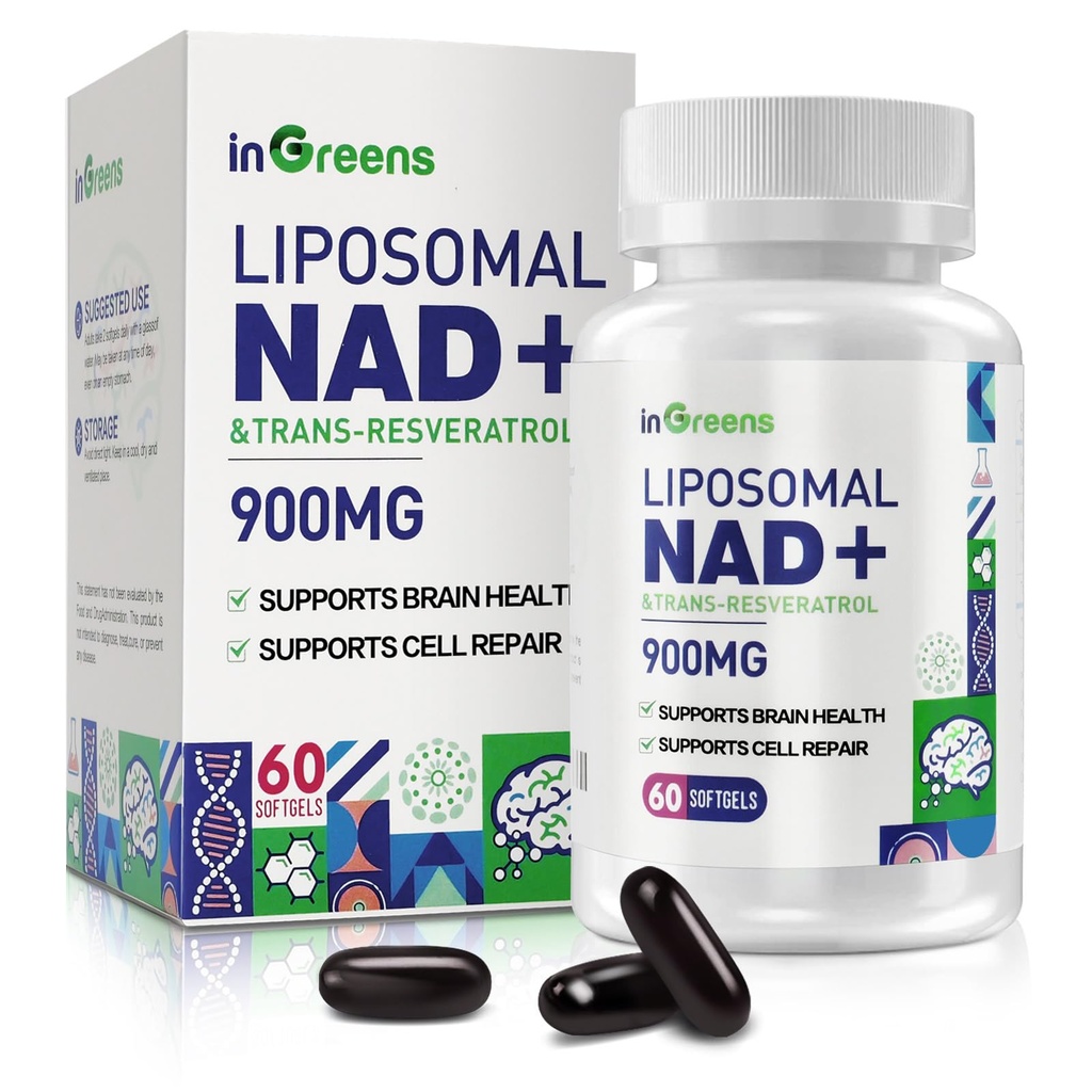900 mg Lipozomálne NAD+ Doplnok s Trans Resveratrol 300 mg, Nahrádza NMN, Superior Absorpcia, Pravá NAD Plus Dodatok pre opravu DNA a Boost NAD+, Starnutie obrany, Energia, dlhovekosť, 60 Softgels