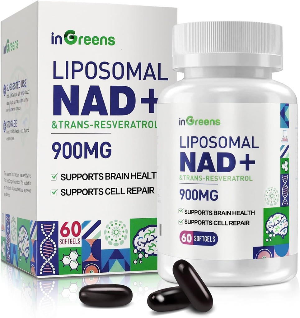 900 mg Lipozomálne NAD+ Doplnok s Trans Resveratrol 300 mg, Nahrádza NMN, Superior Absorpcia, Pravá NAD Plus Dodatok pre opravu DNA a Boost NAD+, Starnutie obrany, Energia, dlhovekosť, 60 Softgels