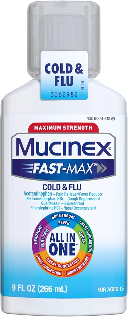 Mucinex Fast-Max Maximálna sila all-in-One studená a chrípka, 9 oz fľaša, na použitie na bolesti hlavy, bolesť tela, bolestivé hrdlo, horúčka, bolesť v hrudníku, kašeľ, nosová/sínusová kongescia a sínusový tlak