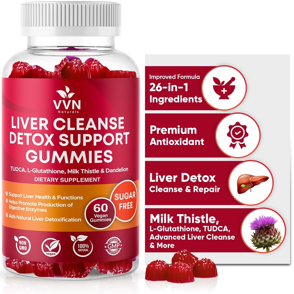 VVNaturals Sugar-free 26-in-1 Pečeň čistí Detox a opravy Tučné Pečeň Vzorec Gummies; 3000mg Zmes glutatiónu, Silymarin Milk Thitle, Choline, TUDCA 