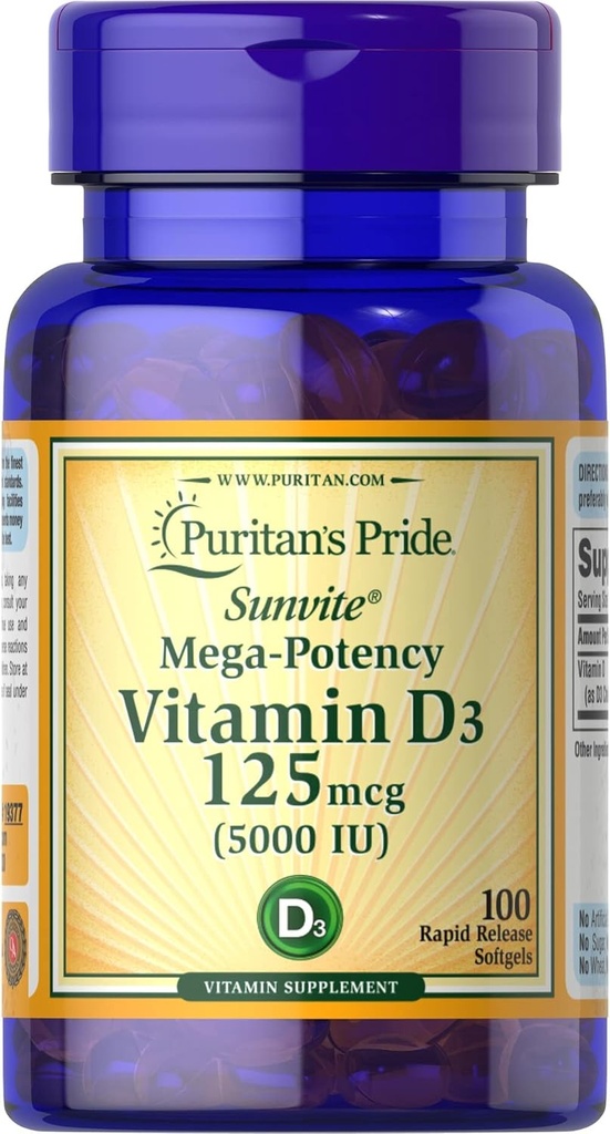 Puritánska pýcha Vitamín D3, 5000 IU, 100 jednotiek