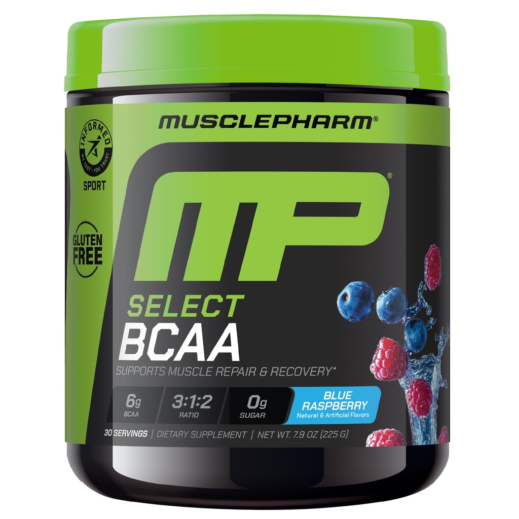 MusclePharm Essentials BCAA Powder, Pred a po tréningu zotavenie nápoj, podporuje svalové zotavenie a výrobu energie, Essential Amino Acids Supplement, 30 Servings, Modrá malinová chuť
