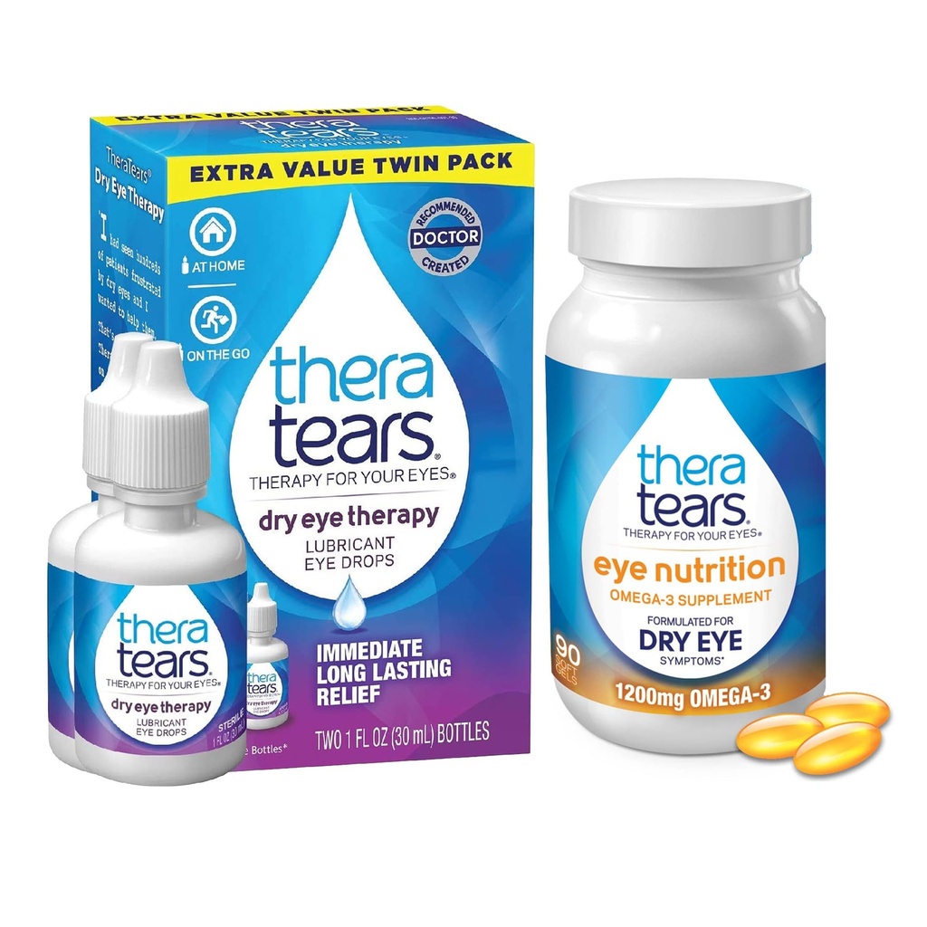 TheraTears 1200mg Omega 3 Supplement for Eye Nutrition, and VIT E, 90 Count Eye Drops for Suché oči, Twin Pack, 30ml 1 Fl oz Each (Backaging May Vary)