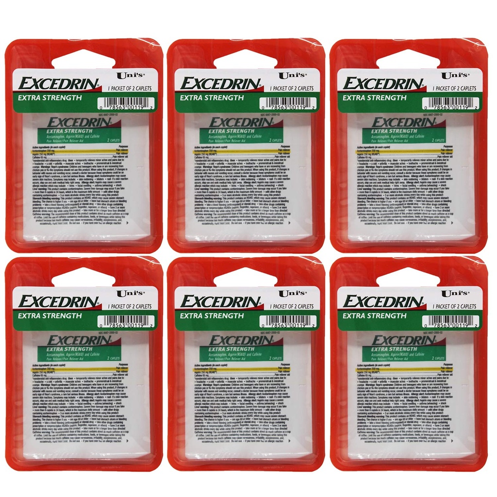 Uni's Excedrin Extra sila 6 Počet jednodávkového Relief 2 kapsy v každom balení. Pomáha uľaví bolesti hlavy, zubov, bolesti chrbta, menštruačné kreatúry, bežné studené a svalové bolesti.