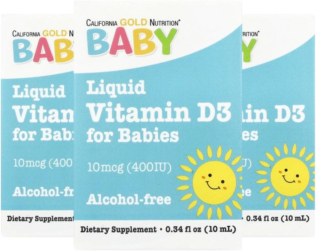 Kalifornia Gold Nutrition Baby Vitamin D3 - Liquid D3 Supplement for Babies, Vegetariánska priateľsky - Developmental Support - Alkohol & Gluten Free, Non-GMO - 10 mcg (400 IU) - 0.34 fl oz (10 ml), 3