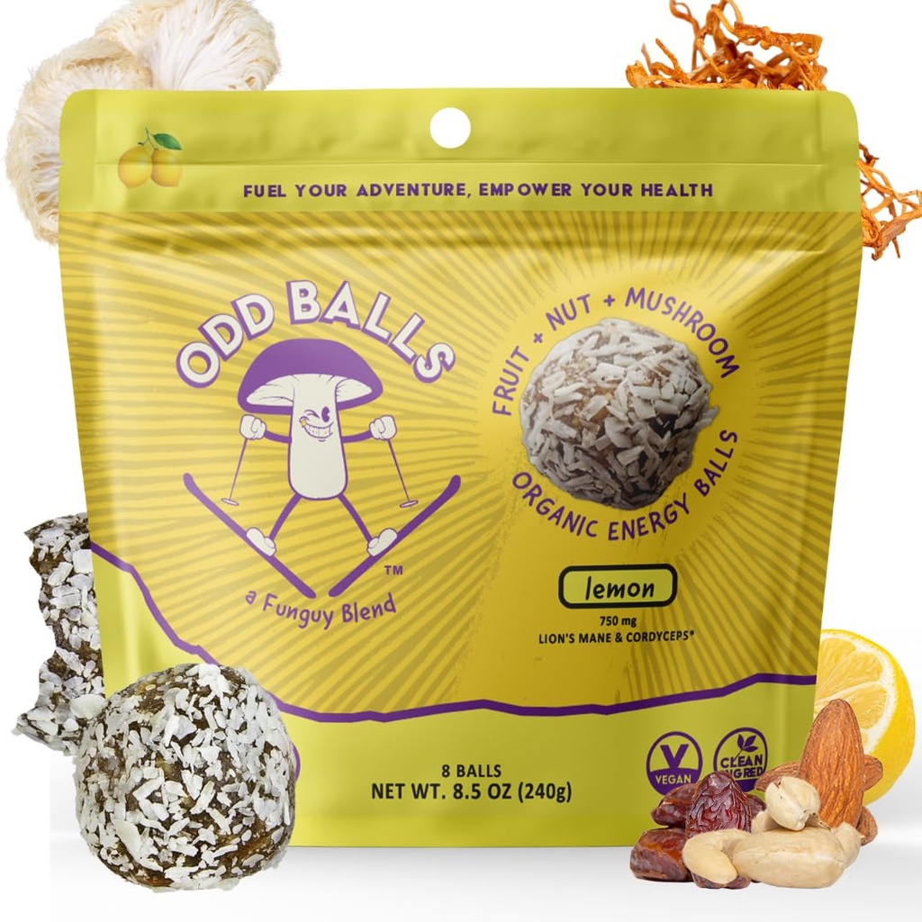 ODD BALLS Organic Energy Balls Lemon - Superfood Mushrom Snack - Beh, Cyklistika, Turistika - Gels, Bars Alternatíva - Lion's Mane Focus, Cordyceps Energy - Vegan, Gluten Free Snacks pre deti a dospelých