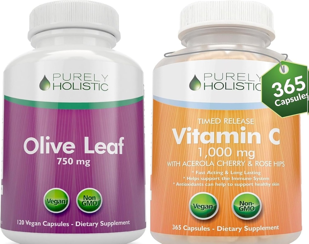 Purely Holistic Olive Leaf Extract 750mg + Vitamín C 1000mg 2 fáza vydanie Bundle - 485 Vegan Kapsule - Made in The USA