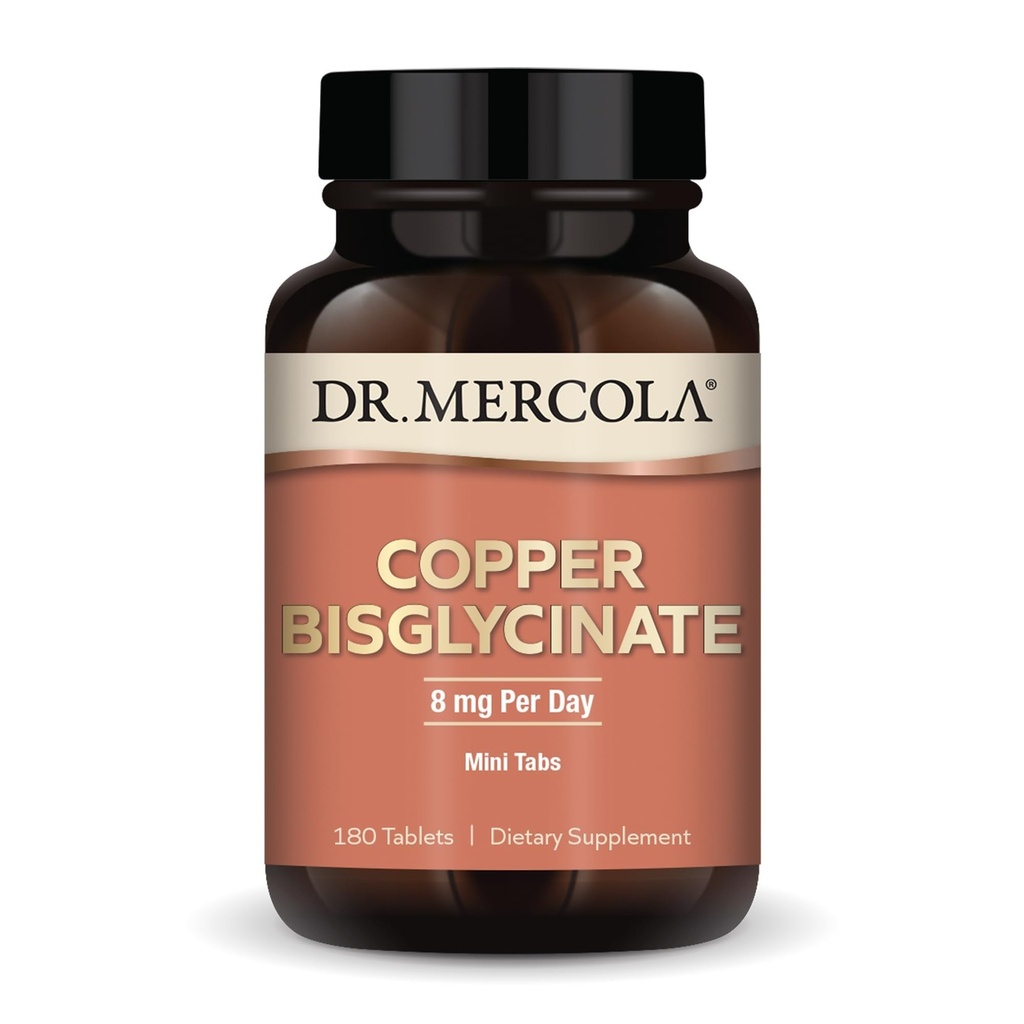 Dr. Mercola Bisglycinát meďnatý, 90 dávok (180 tabliet), diétne doplnky, 8 mg denne, mini karty, podporuje celkové zdravie, non GMO