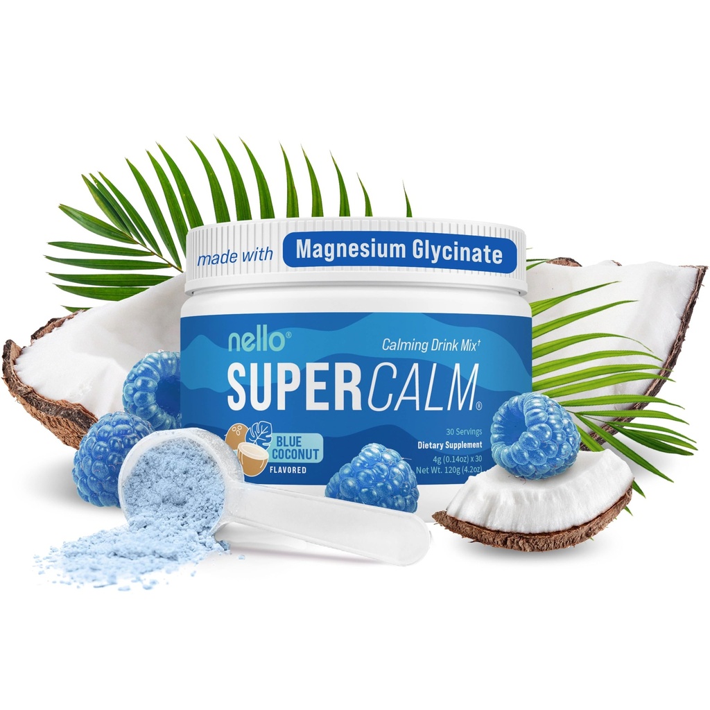 Nello Supercalm Powdered Drink Mix, Blue Coconut, L Theanine, Ksm-66 Ashwagandha, Magnézium Glycinate, Vitamín D 3, Doplnky pre relaxáciu a zaostrenie, žiadny cukor, Non GMO, Na Go, 30 Srvgs