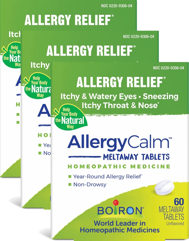 Boiron AlergyCalm Tablety 180 Počet, Relief from Alergies and Hay Fever Symptómy sipotu, Runny nose, a svrbenie oči alebo hrdlo, Alergický pokoj Tabs (Predovšetkým RhinAllergy) (Pack of 3 60ct Boxy)