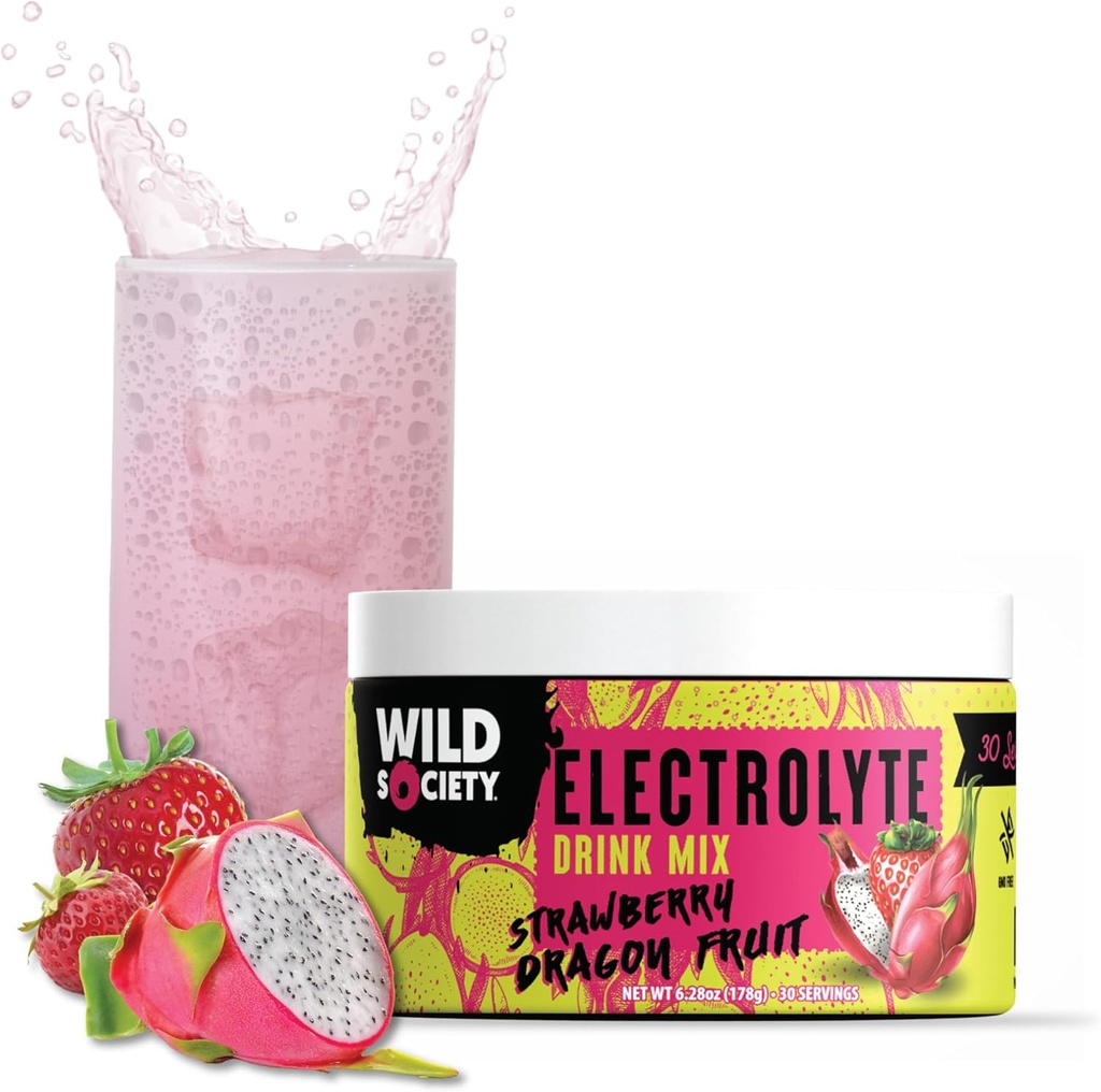 Wild Society - Premium Zero Sugar Electrolytes Powder Drink Mix, 3x Absorpcia Glycinát horečnatý - bez cukru, Nízka kalórií, Veda Backed, Osviežujúca hydratácia, Jahodové Dračie ovocie, 30 Serviv