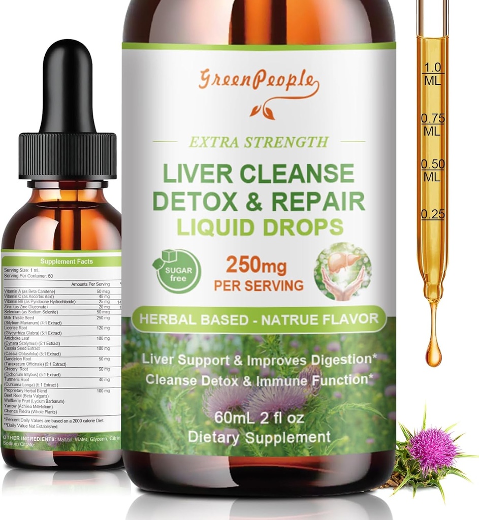 GREENPEOPLE Pečeň čistiť Detox & Repair Drops - Pečeň Supplement w/Milk Thitle Silymarin, Artičoky a púpavy pre pečeň Detox & Support- 16x Potent Herb-Nutrients - 2Fl Oz Natural Flavor
