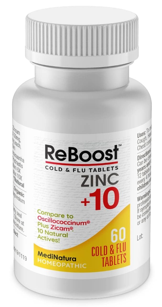 MediNatura ReBoost Zinok +10 MAX Cold & Flu Symptom Relief Fast-Acting, Non-Drowsy Natural Ukľudňujúce Homeopatické pomáha uľaviť celé telo nepohodlie, kašeľ, únava, kongescia - citrón - 60 tabliet