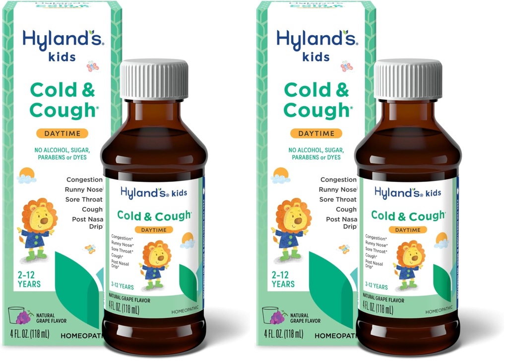 Hyland's Naturals Kids Cold & Cough, Daytime Grape flavor Cough Sirup Medicine for Kids Ages 2+, Decongestant, Sore Throat & Allergy Relief, Natural Liečba pre bežné studené symptómy, 4 Fl Oz