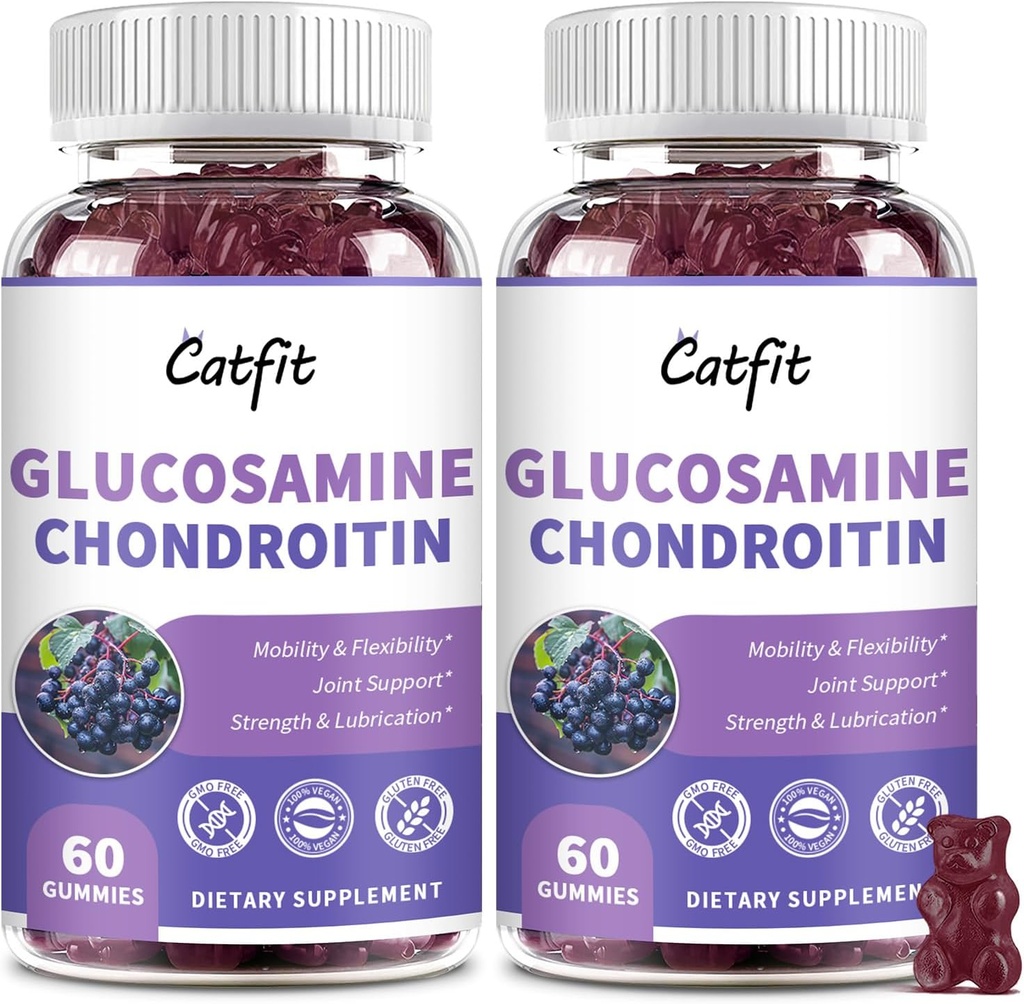 Catfit Glukozamín Chondroitín Gummies, Extra sila Spoločná zdravotná podpora doplnok s MSM a bazy, Antioxidant Immune Suplement pre dospelých Muži a ženy (2 balenia)