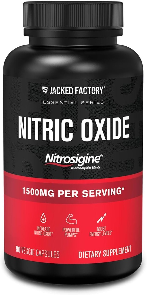 Jacked Factory Essentials Nitric Oxide Booster - Patented Bonded L-Arginín Silicete 1500mg Pre Cvičenie doplnok pre rast svalov, čerpadlá, cievnosť a energia - 90 Veggie tabletky