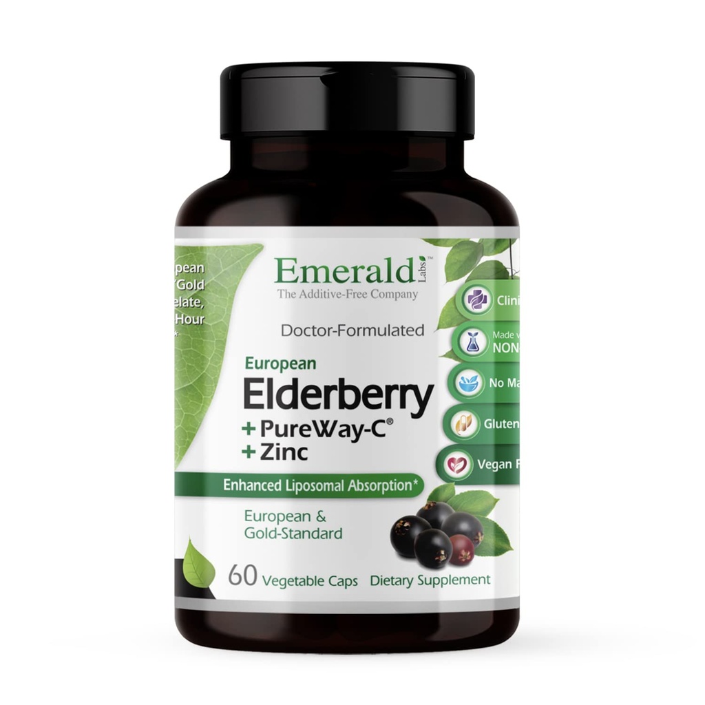 EMERALD LABS Elderberry Plus - Tráviaca a imunitná podpora s európskym extraktom z bazy čiernej, vitamín C ako PureWay-C & Albion oneskorený zinok - Vegan & Gluten-free - 60 Rastlinné kapsule (30-Deň dodávky)