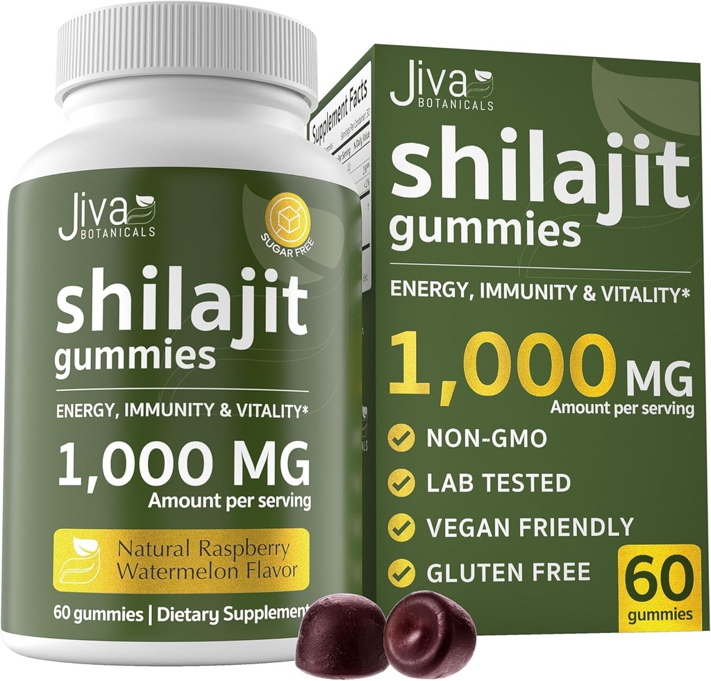 Jiva Botanicals Pure Shilajit z Himalájí pre mužov a ženy - Shilajit Gummies 1000mg pre zdravé starnutie, imunitný systém a normálnu podporu energie - bez cukru, Vegan, 60 Počet (Pack of 1)