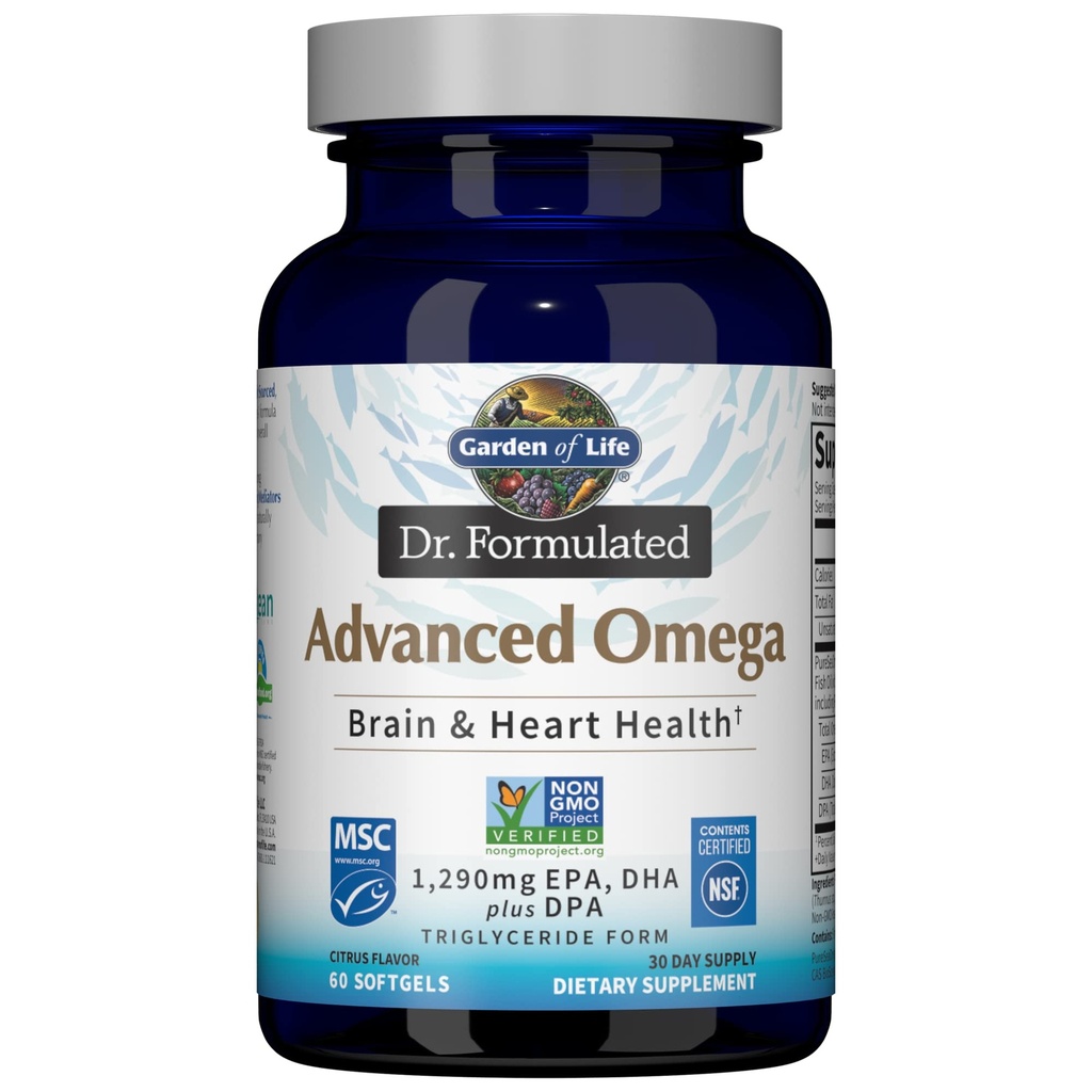 Garden of Life Dr. Formulated Advanced Omega Fish Oil - citrón, 1,290mg EPA, DHA + DPA vo forme triglyceridov, Single Source Omega 3 Supplement for Ultimate Brain & Heart Health, Non-GMO, 60 Softgels