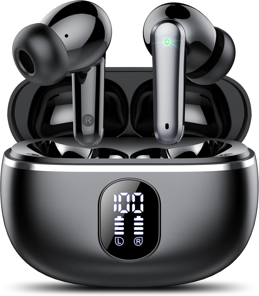 Bezdrôtové Earbuds, Bluetooth 5.3 Slúchadlá Big Bass Stereo, Ušné putá s hlučnou Zrušiť Mic LED displej, v ušiach slúchadlá IP7 vodotesné, 50H Playtime for Sports, Black