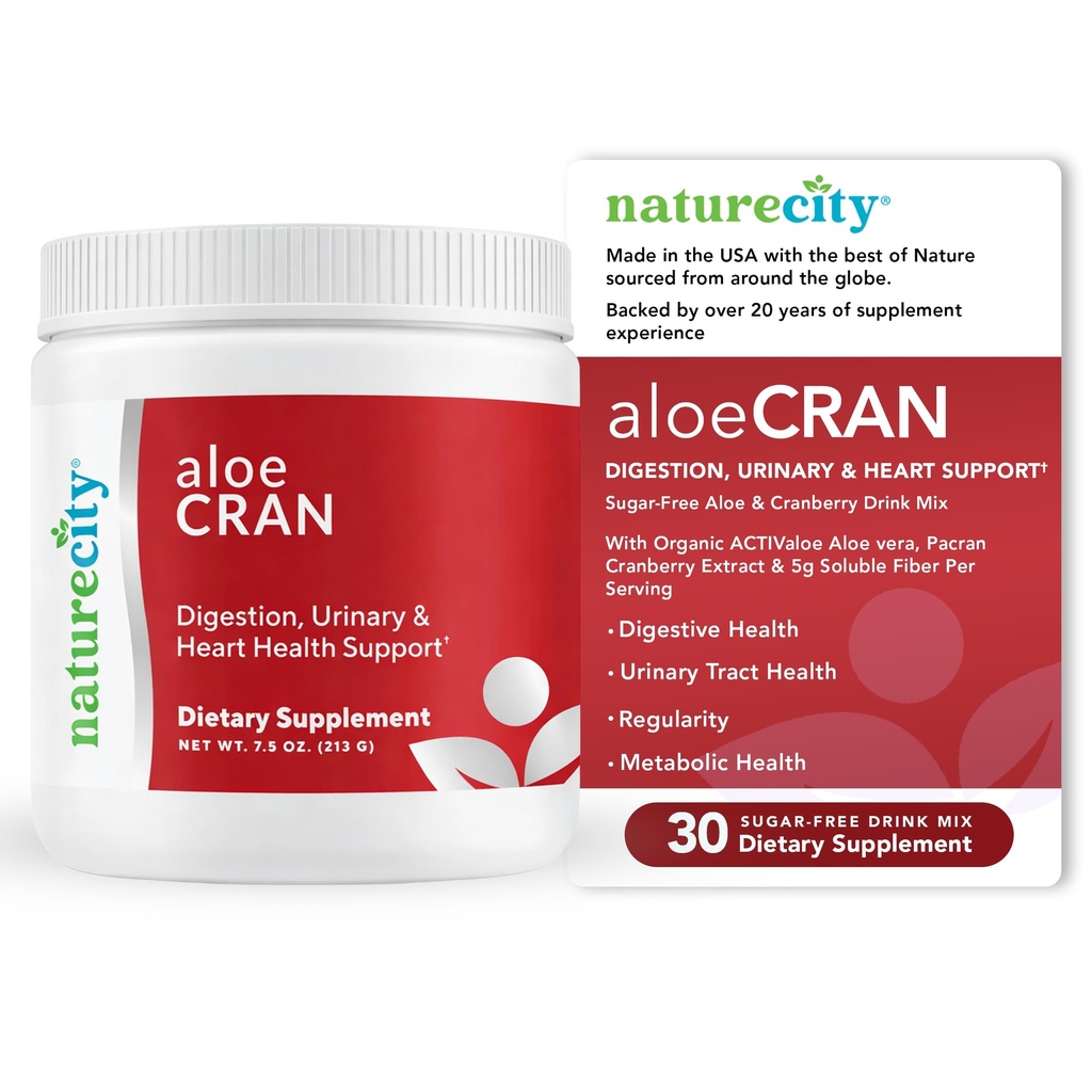 NatureCity AloeCran - Pure Aloe Vera Blend with Cranberry Powder Supplement - Sugar Free Fiber Combo Mix for Digestive and Urinary Health - Gut & Metabolic Health Support - 30 dní dodávok