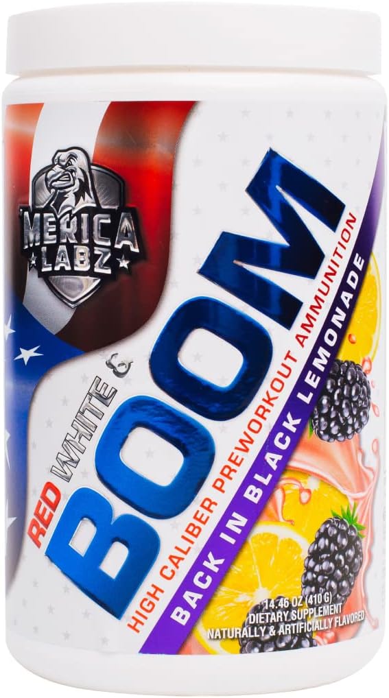 'Merica Labz Red, White, and Boom, High Caliber Pre Cvičenie s VasoDrive-AP®, 350mg kofeín, Max Energy, Pump and Focus, Zvýšenie prietoku krvi a objemu svalov, 20 Servírovanie (Späť v čiernej limonáde)