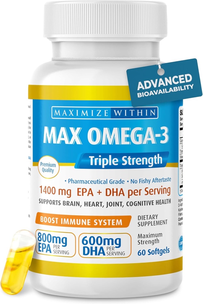 Max. omega 3 Fish Oil Pills - Triple Strength Fish Oil Supplement (2000 mg Total Omega 3 Mastné kyseliny: 600mg DHA + 800 mg EPA per Serving)
