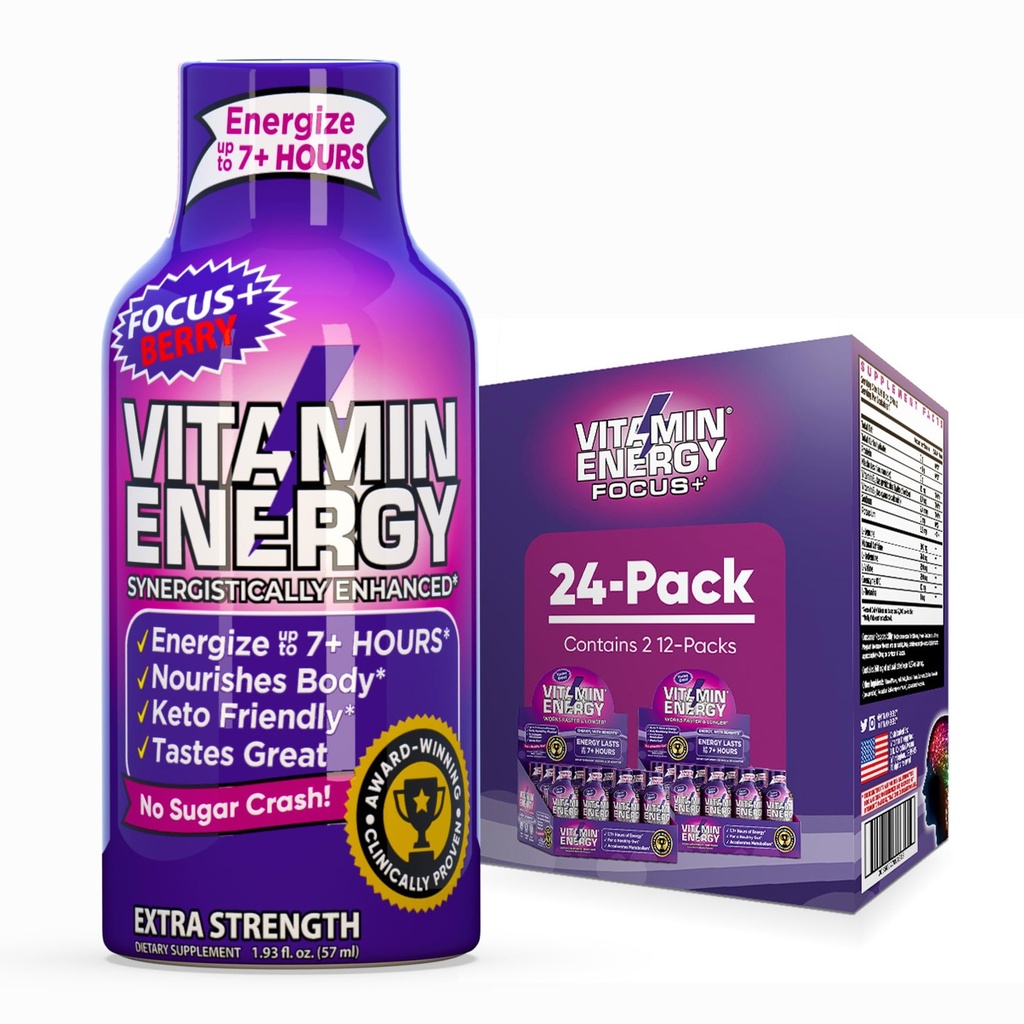 Vitamín Energy Focus+ Extra sila Energia Shot Berry 24 Balenie, 260 mg prírodný kofeín, B-vitamíny, CoQ10, aminokyseliny, zameranie, produktivita a jasnosť, Zero Sugar, Gluten-free, 1,93 fl oz