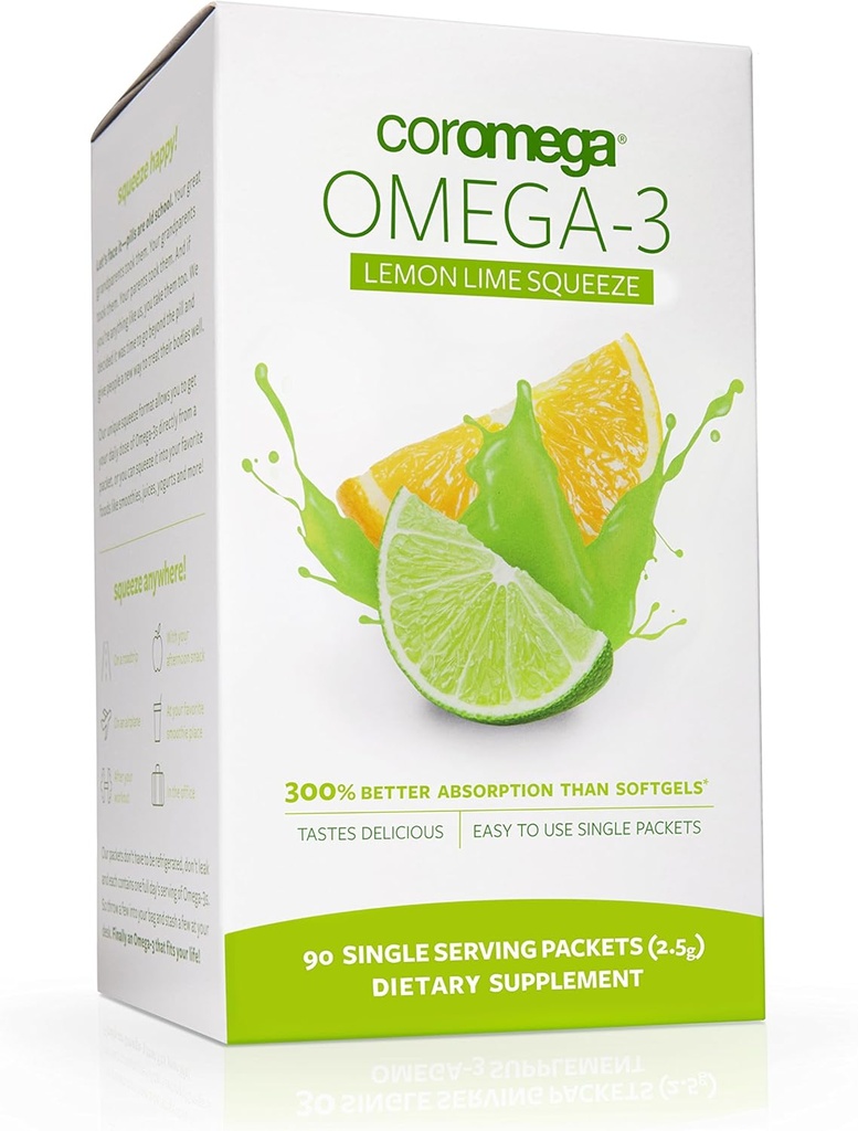 Coromega Omega 3 Fish Oil Supplement, 650mg Omega-3s s 3X lepšou absorpciou ako softgels, citrónová vápno chuť, 90 Single Serve Squeeze Pakets