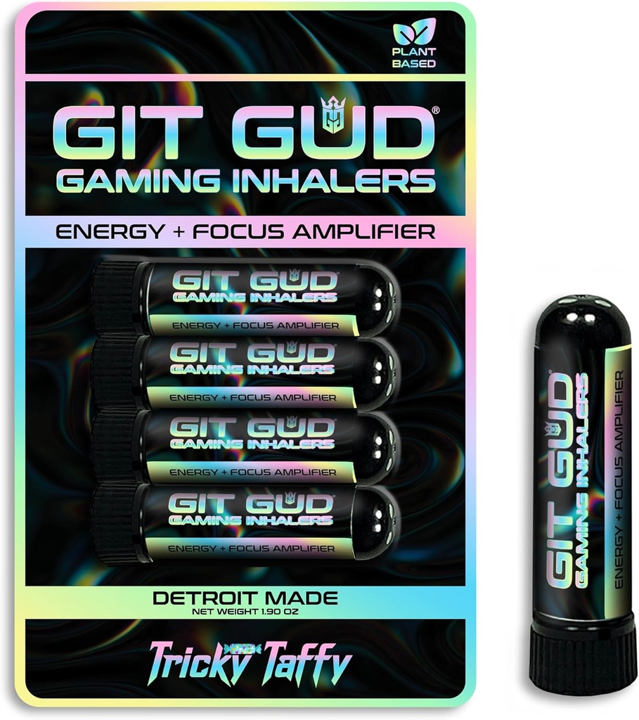 GIT GUD Energy Stick (4 balenia) Competitive Focus zosilňovač, osviežujúce Mint Aroma, Daily-Use, Prenosné Jednorázové, Tricky Taffy (Taffy mint)