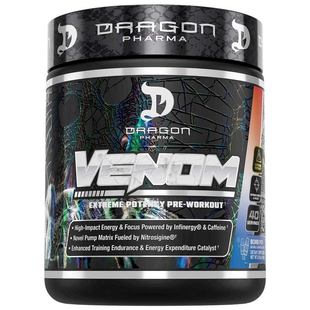DRAGON PHARMA Venom Extreme Potency Pre-Workout, Laser Sharp Focus + Energy, Intense Performance, Osvedčené zložky pre vylepšenú vazodilatáciu a vytrvalosť (40 Servings, Bomb Pop)