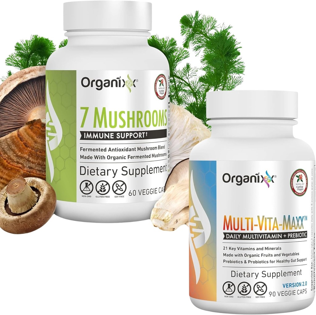 Organixx 7 Huba Organické Huba Supplement (60 Vegetariánska kapsula) a Multi-Vita-Maxx Celo Jedlo Multivitamín (90 Gélové kapsule)