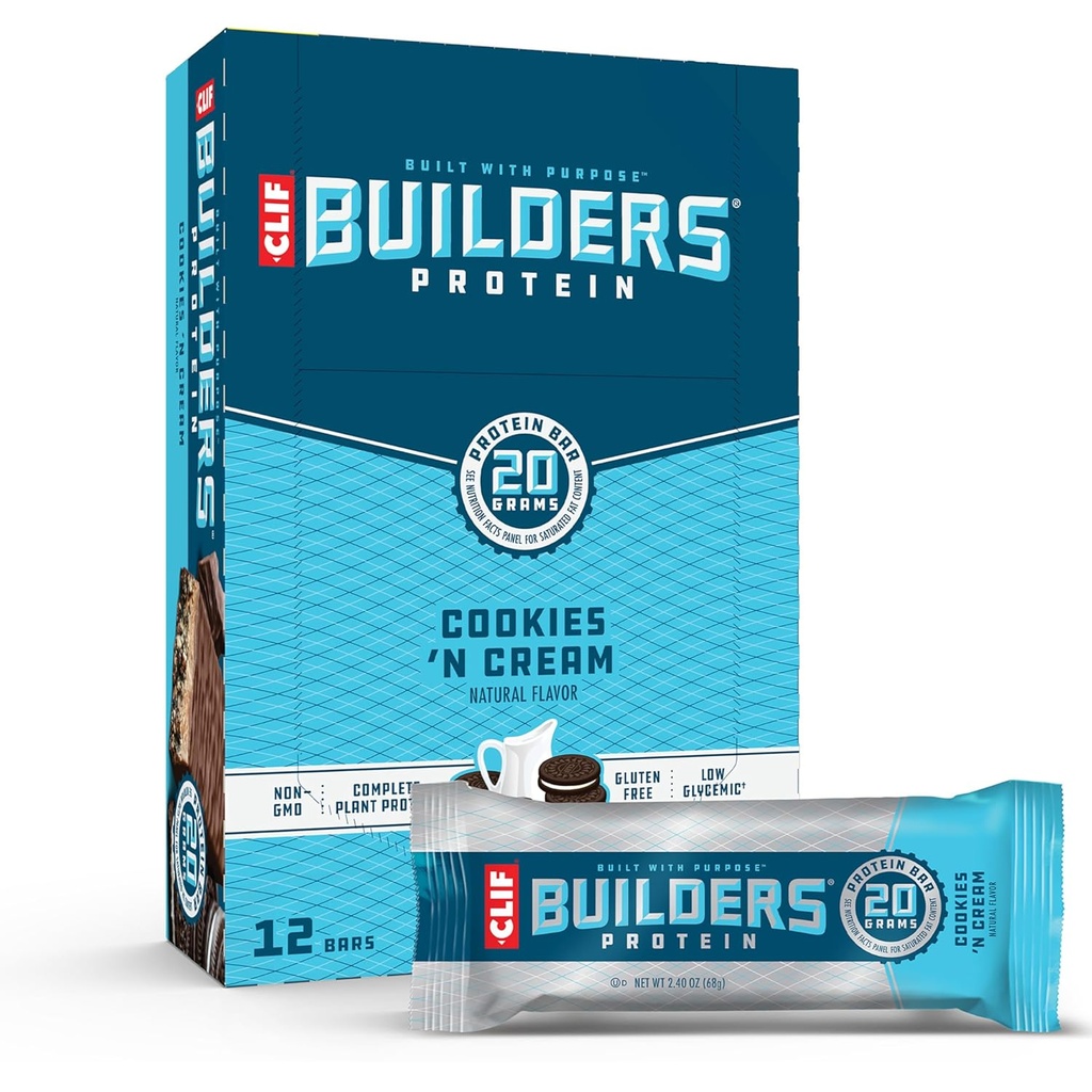 CLIF BUILDERS Proteínové tyčinky - Cookies 'n Cream Flavor - 20g Plant Based Protein - Gluten Free - Non-GMO - Low Glycemic - Žiadne umelé sladidlá - 2,4 oz. (12 Balenie)