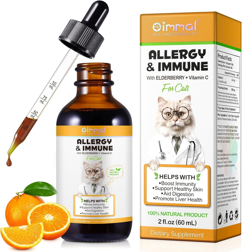 Alergická úľava kvapky pre mačky, Cat alergie Immune Booster liečba pre sezónne alergie a trávenie, zdravý pečeň a imunitný systém, mačacie bylinné doplnky s vitamínom C, kuracie chuť - 60ml/2fl.oz