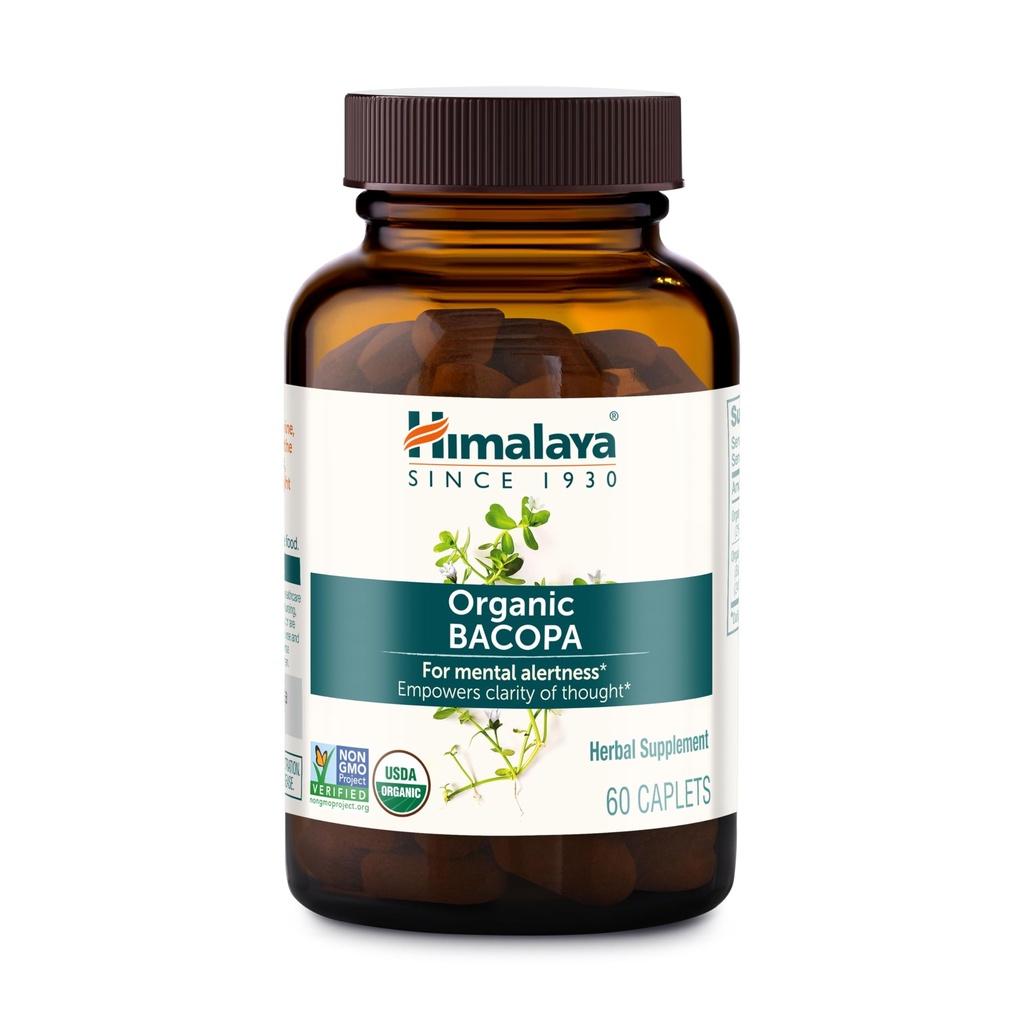 Himalája Bacopa Monnieri Nootropný bylinný doplnok, podporuje pokoj, pamäť, kognitívne, USDA Certified Organic, Non-GMO, 750 mg, 60 Plant-Based Caplets, 60 dní dodávky