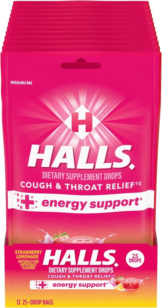 HALLS Relief + Energetická podpora, Strawberry Lemonade Drops, 12 Vrecúšok 25 Drops (300 Celkové kvapky)