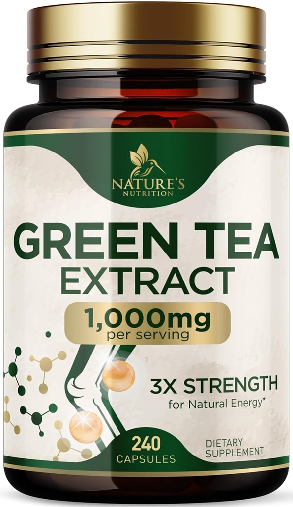Green Tea Extract Capsules 1000 mg - Standardized 45% EGCG & 98% Polyphenols - 3X Strength Green Tea Pills for Natural Energy - Supports Heart Health, Herbal Supplement, Vegan, Non-GMO - 240 Capsules